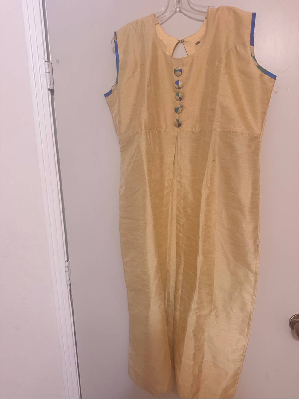 Classic Sleeveless Creamy Gold Tunic Style Dress with Decorative Buttons